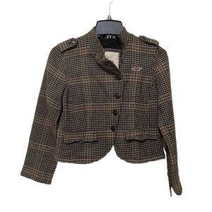 VINTAGE Hollister Women Jacket XS Brown Y2K Houndstooth Plaid Crop Wool academia